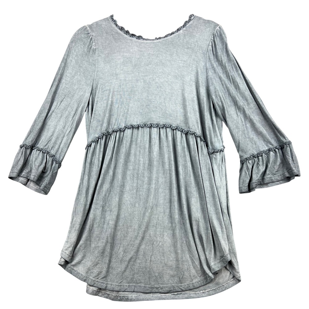 POL Tunic Top Women Small RCT223 Grey Mineral Wash Lace Trim Bell Sleeve Good